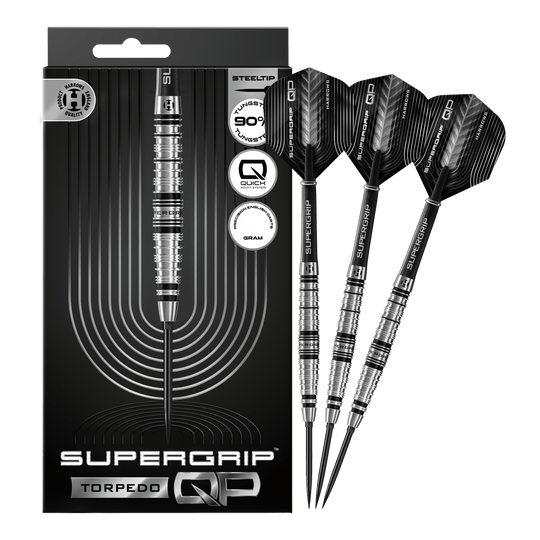 Dardos de acero Harrows Supergrip Torpedo Quick Point Abgebildet sind Harrows Supergrip Torpedo Quick Point Steeldarts. Die Steeldarts sind vollständig dargestellt.