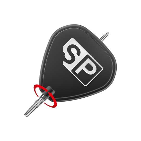 Puntas de dardos Target Swiss Point GRD Silver Das Bild zeigt eine silberne Dartspitze der Marke "Target Swiss Point GRD". Die Spitze ist an einem schwarzen Flightschutz mit den Buchstaben "SP" befestigt.