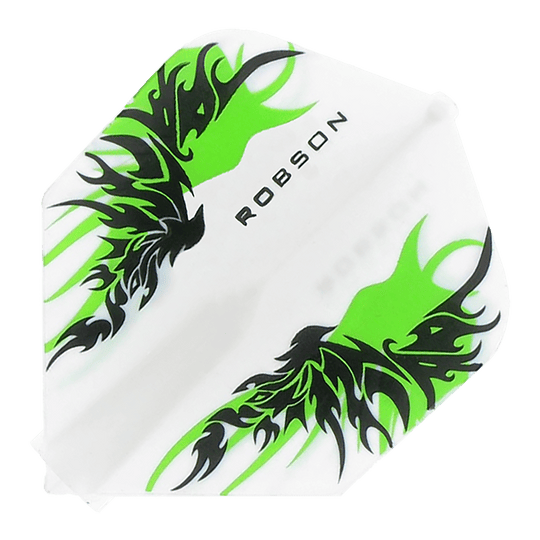 Robson Plus Flights Standard Finn White Das Bild zeigt ein Robson Plus Flights Standard Finn White Dart-Flügel. Er ist weiß mit schwarzen und grünen Tribal-Mustern und dem Schriftzug "ROBSON" in der Mitte.