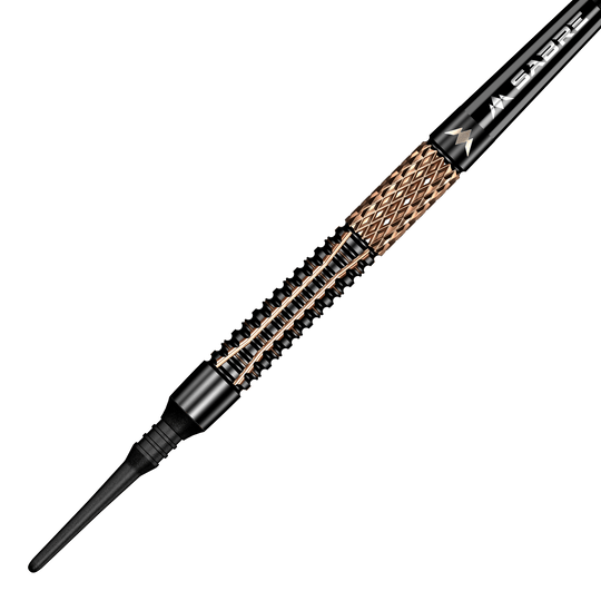 Dardos blandos Mission Horus - 19 g Das Bild zeigt einen Mission Horus Softdart mit einem Gewicht von 19 Gramm. Der Dart hat ein elegantes Design mit goldfarbenen und schwarzen Elementen.