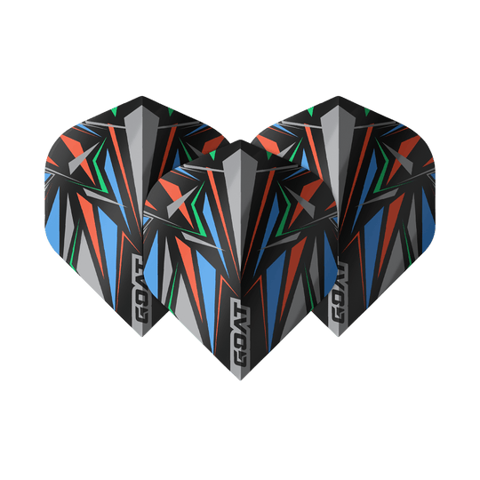 Das Bild zeigt drei GOAT Athlete Black No2 Standard Flights mit einem auffälligen, bunten geometrischen Muster. Die Flights sind überwiegend in Schwarz gehalten und haben rote, blaue, grüne und graue Akzente.