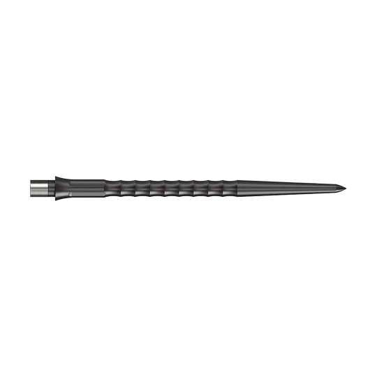 Puntas Steeldart del sistema Caliburn - Ondulada - Sin labio - Negras Das Bild zeigt Steeldartspitzen des Caliburn Evo Systems in Schwarz, 40 mm lang. Zwei Spitzen sind sichtbar, die Oberfläche ist geriffelt ohne Lippe.
