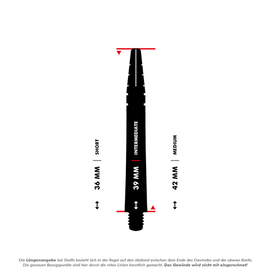 Das Bild zeigt einen Dart-Shaft mit einer Länge von 39 mm, der als "Intermediate" gekennzeichnet ist. Es sind auch Vergleichslängen für "Short" (36 mm) und "Medium" (42 mm) angegeben.