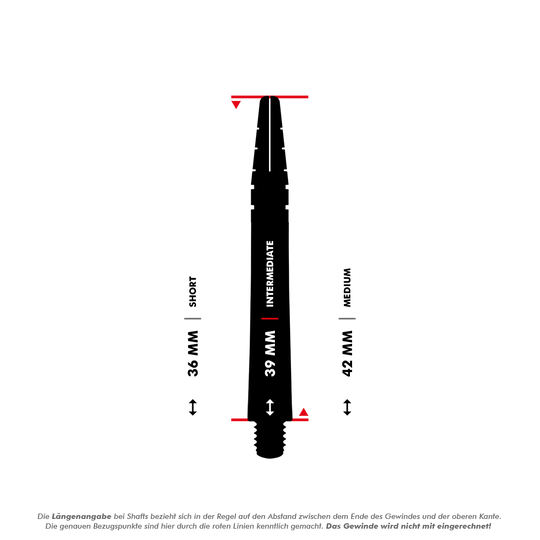 Flechas Red Dragon Nitrotech Luke Humphries Coolhand - Azul Das Bild zeigt einen Dart-Shaft mit einer Länge von 39 mm, der als "Intermediate" gekennzeichnet ist. Es sind auch Vergleichslängen für "Short" (36 mm) und "Medium" (42 mm) angegeben.
