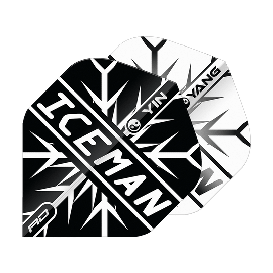 Vuelos estándar Red Dragon Gerwyn Price Iceman Black White Yin Yang Das Bild zeigt zwei Dart-Flights in Schwarz und Weiß mit einem Yin-Yang-Design. Auf dem vorderen Flight steht in großen Buchstaben „ICEMAN“.