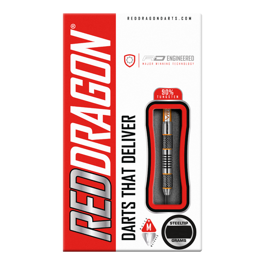 Dardos de acero Red Dragon Amberjack 5 - 24 g Die Abbildung zeigt die Verpackung der "Red Dragon Amberjack 5 Steeldarts - 24g". Auf der Packung sind ein sichtbarer Dartpfeil und die Aufschrift "Darts That Deliver" zu sehen.