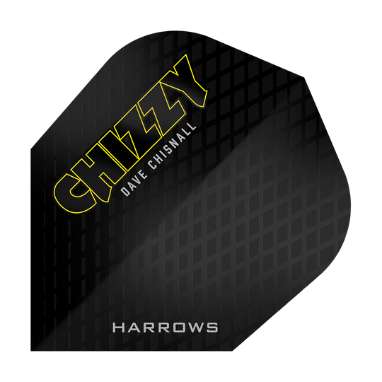 Das Bild zeigt ein schwarzes Dartflight mit einem Muster und der Aufschrift "CHIZZY DAVE CHISNALL" in gelben und weißen Buchstaben. Unten steht außerdem das Wort "HARROWS".