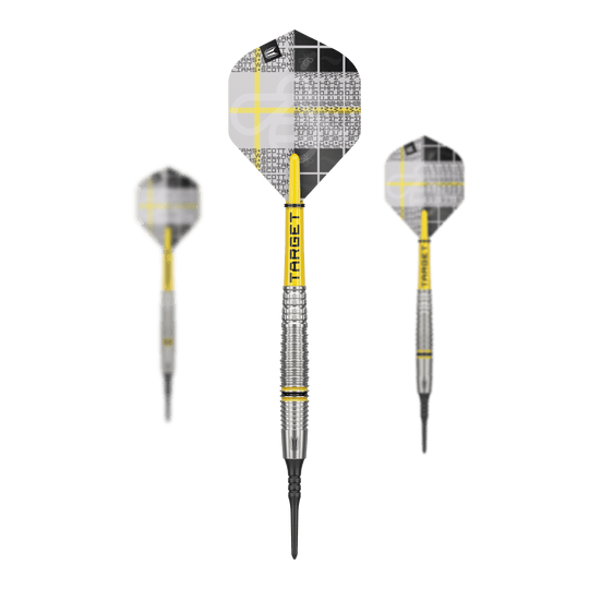 Dardos blandos Target Scott Williams GEN2 - 18 g Das Bild zeigt drei Softdarts des Modells "Target Scott Williams GEN2" mit einem Gewicht von 18g. Die Darts haben gelb-silberne Schächte und moderne Flights mit einem schwarz-weißen Muster.