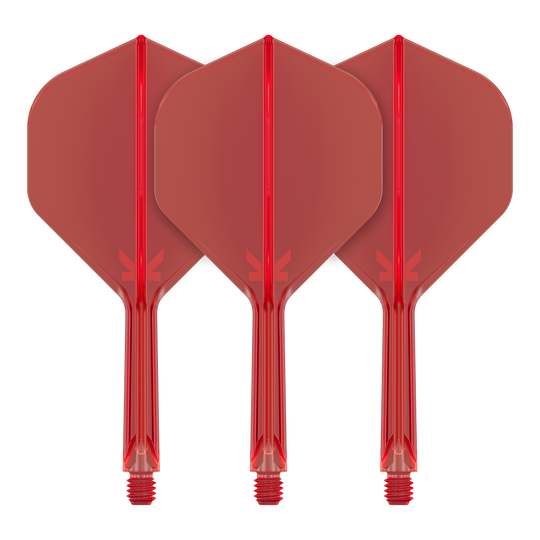 Sistema de vuelo estándar Target K-Flex No2 - Rojo Auf dem Bild sind drei rote Dartflights mit integrierten Schäften zu sehen. Sie stehen nebeneinander in einer aufrechten Position.