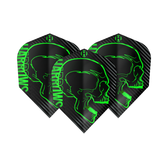 Rastros verdes furiosos nº 6 Das Bild zeigt drei schwarze Dart-Flights mit einem grünen Totenkopf-Design und dem Schriftzug "Harrows". Die Flights sind das Modell "Harrows Rage Green No6".