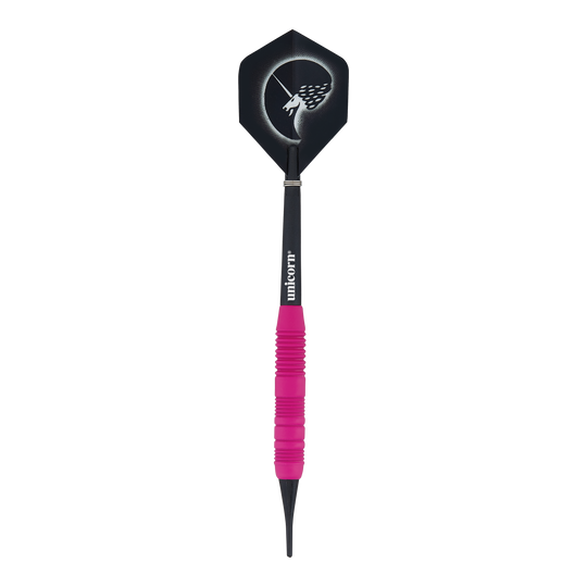 Dardos suaves de goma Unicorn Core Plus, color rosa - 19 g Das Bild zeigt einen Unicorn Core Plus Rubberised Pink Softdart mit einem Gewicht von 19 Gramm. Der Dartpfeil hat einen pinkfarbenen, gummierten Griff und eine schwarze Flights mit einem stilisierten Einhorn-Design.