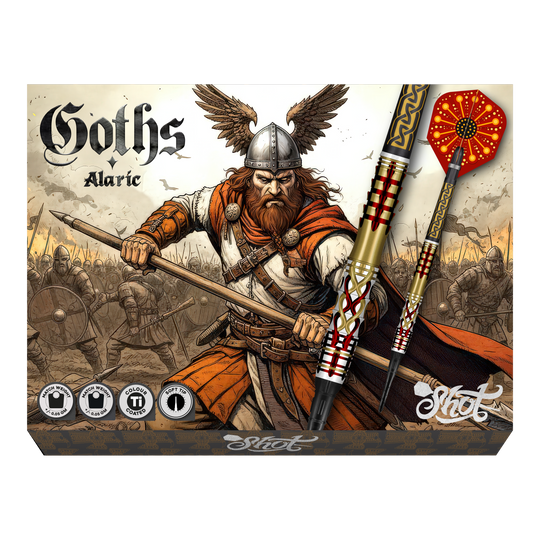Dardos blandos Shot Goths Alaric - 20 g Abgebildet sind Shot Goths Alaric Softdarts mit einem Gewicht von 20g. Die Darts eignen sich perfekt für das Softdart-Spiel.