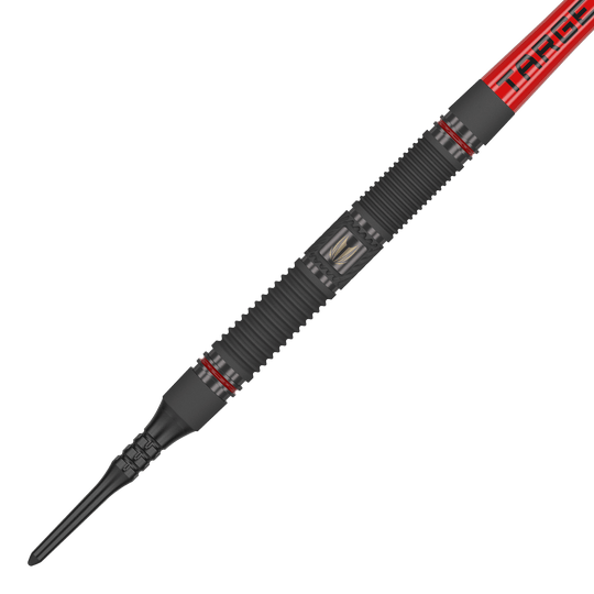 Target Scope 10 dardos blandos Das Bild zeigt einen Target Scope 10 Softdart mit einem schwarzen, geriffelten Griff und roten Akzenten. Der Dart hat eine rote Fliege mit der Aufschrift "TARGET".