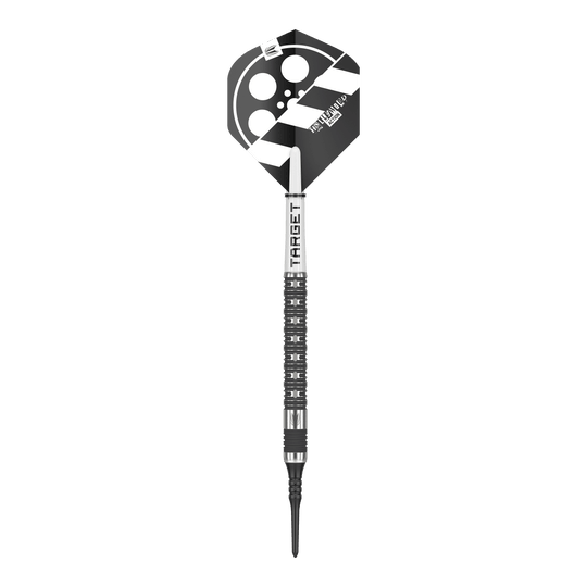 Dardos blandos Target Chris Dobey Hollywood Action - 20 g Das Bild zeigt einen Target Chris Dobey Hollywood Action Softdart mit einem Gewicht von 20g. Der Dart hat ein schwarz-weißes Flight-Design, das an eine Filmklappe erinnert.