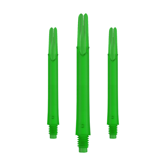 Auf dem Bild sind drei grüne, gerade Dartschäfte zu sehen. Sie sind jeweils unten mit einem Gewinde versehen und stehen nebeneinander.