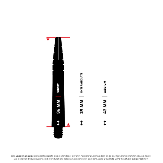 Flechas Red Dragon Nitrotech Luke Humphries Coolhand - Negras Das Bild zeigt einen schwarzen Dart-Shaft mit der Bezeichnung "SHORT" und einer Länge von 36 mm. Neben dem Shaft sind Markierungen für die Längen "INTERMEDIATE" (39 mm) und "MEDIUM" (42 mm) zum Vergleich dargestellt.
