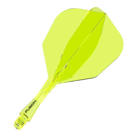 Sistema de eje de vuelo Winmau Fusion n.° 6 amarillo neón Das Bild zeigt ein neon-gelbes Dartflight- und Shafts-System. Auf dem Schaft steht das Wort "FUSION".