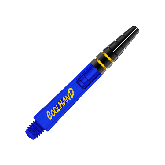 Flechas Red Dragon Nitrotech Luke Humphries Coolhand - Azul Das Bild zeigt einen blauen Dart-Schaft mit der Aufschrift "COOLHAND" in gelber Schrift. Der Schaft hat am oberen Ende schwarze und gelbe Akzente.