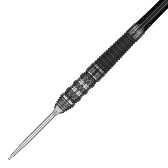 Dardos de acero Target Japan Black Marque Armageddon GEN2 Swiss Point Das Bild zeigt einen Target Japan Black Marque Armageddon GEN2 Swiss Point Steeldart. Der Dartpfeil hat ein schwarzes, geriffeltes Griffstück und eine silberne Spitze.