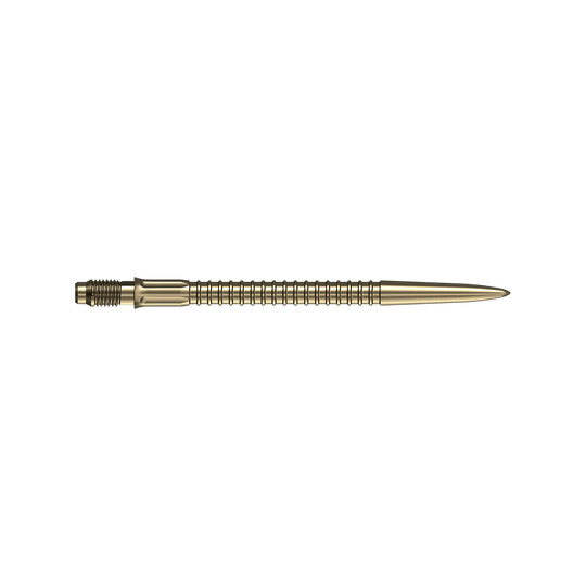 Puntas de dardo Mission R2.5 Rapid Point GV1 - Oro Mehrere goldene Dartspitzen mit einer Länge von 35mm sind dargestellt. Sie eignen sich als Ersatzteile für Dartfans.