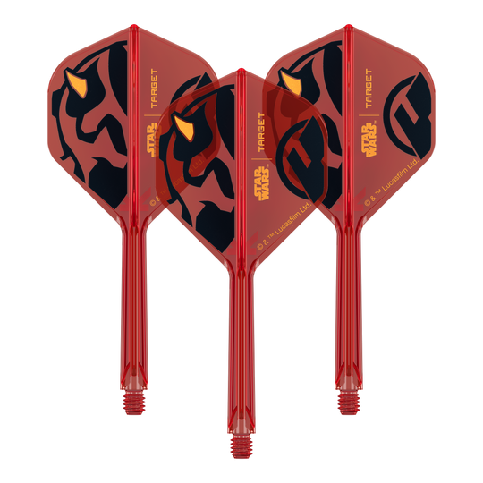 Ein Set von Dart-Flights der Star Wars KFlex Darth Maul No2 Serie ist zu sehen. Die Flights sind mittellang und 33 mm groß.