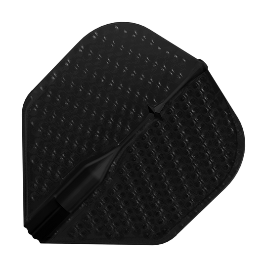 Vuelos estilo L con hoyuelos color champán L1EZ estándar Dieses Bild zeigt einen schwarzen Dartflight mit einer Dimple-Oberfläche. Das Flight hat eine polygonale Form und eine strukturierte Oberfläche für besseren Halt.