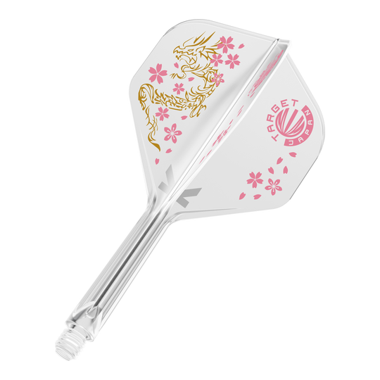 Target Japan K-Flex Smash No2 Standard Flight-Shaft-System Das Bild zeigt das Produkt "Target Japan K-Flex Smash No2 Standard Flight-Shaft-System". Es ist durchsichtig mit rosa Kirschblüten und einem goldenen Drachen verziert.