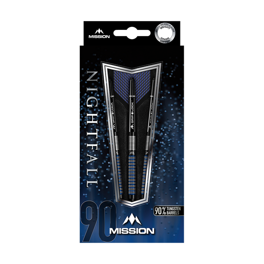 dardos blandos Mission Nightfall Modelo 1 Das Bild zeigt die Verpackung der "Mission Nightfall Model 1 Softdarts". Die Darts bestehen zu 90 % aus Tungsten und sind auf einem dunkelblauen Hintergrund präsentiert.