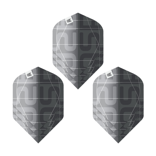 Plumas estándar Target Pro Ultra Aspinall X Echo No2 (3 juegos) Das Bild zeigt drei schwarze und graue Dartflights mit modernem Muster. Es handelt sich um das Produkt "Target Pro Ultra Aspinall X Echo No2 Standard Flights - 3 Sets".