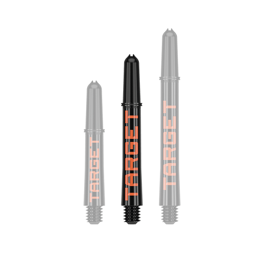 Varillas Target Pro Grip TAG - 3 juegos - Negro Naranja Auf dem Bild sind drei schwarze Dartschäfte in unterschiedlicher Länge zu sehen. Auf jedem Schaft steht in orangefarbenen Buchstaben das Wort "TARGET".