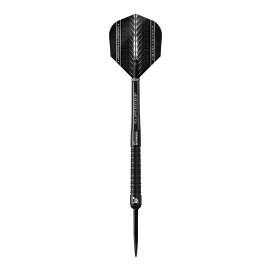 Dardos de acero Harrows Supergrip Black Edition Das Bild zeigt einen schwarzen Steeldart der Marke Harrows Supergrip Black-Edition. Der Dart hat ein elegantes, komplett schwarzes Design mit feinen silbernen Akzenten.