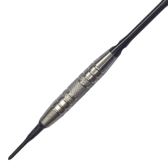 Dardos blandos McDart 85 Tungsten V6 - 16 g Das Bild zeigt einen Softdart namens "McDart 85er Tungsten V6" mit einem Gewicht von 16 Gramm. Der Dart hat einen silbernen, strukturierten Griffbereich für besseren Halt.