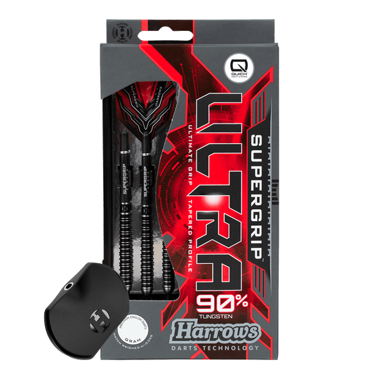 Dardos de acero Harrows Supergrip Ultra Quick Point Hier wird das Harrows Supergrip Ultra Quick Point Steeldarts Set gezeigt. Die Features sind im Detail sichtbar.