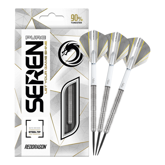 Red Dragon Seren 1 Dardos de acero puro Auf dem Bild sind die Red Dragon Seren 1 Pure Steeldarts und ihre Verpackung zu sehen. Die Darts bestehen zu 90 % aus Tungsten und haben ein elegantes, silbernes Design.