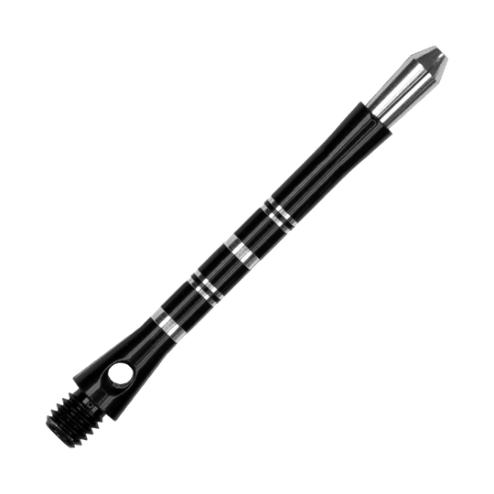 561_Target_Colette_Shafts_Schwarz_47mm_2 Das Bild zeigt einen schwarzen Harrows Colette Shaft für Darts. Der Shaft hat silberne Ringe als Akzente und ein glänzendes, elegantes Design.