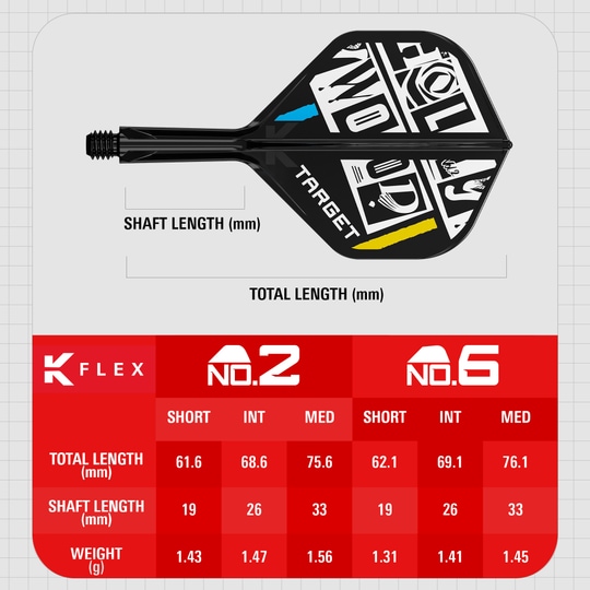 Sistema de eje de vuelo estándar Target K-Flex Chris Dobey No2 Das Bild zeigt das Produkt "Target K-Flex Chris Dobey No2 Standard Flights" mit einer grafischen Darstellung und technischen Angaben. Es sind verschiedene Längen und Gewichte der Flights in einer Tabelle aufgeführt.