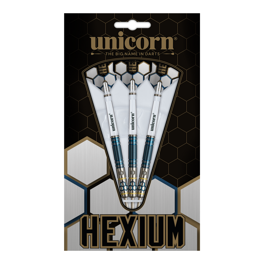 Dardos de acero Unicorn Hexium Style 02 azules y dorados Das Bild zeigt die Unicorn Hexium Style 02 Blue & Gold Steeldarts. Die Darts sind in Blau und Gold designt.