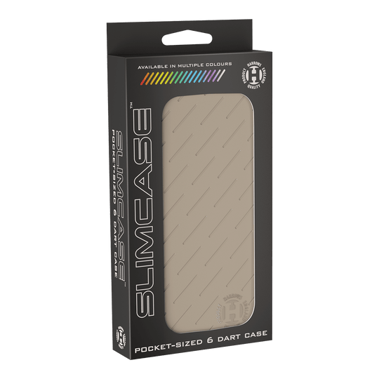 Estuche para dardos Harrows Slimcase Die Abbildung zeigt eine Harrows Slimcase Darttasche in Steingrau, verpackt in einer schwarzen Box. Die Tasche ist für sechs Darts geeignet und passt in die Hosentasche.