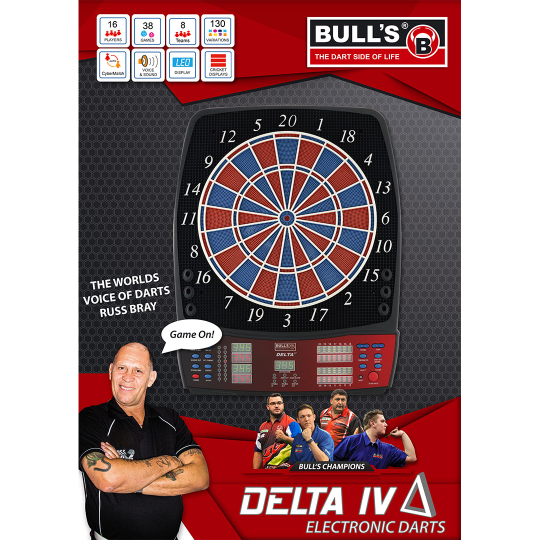 67986_v1 Das Bild zeigt das elektronische Dartboard "BULL'S Delta IV RB Sound". Es sind bekannte Dartspieler abgebildet, und das Board bietet viele Spieloptionen und digitale Anzeigen.