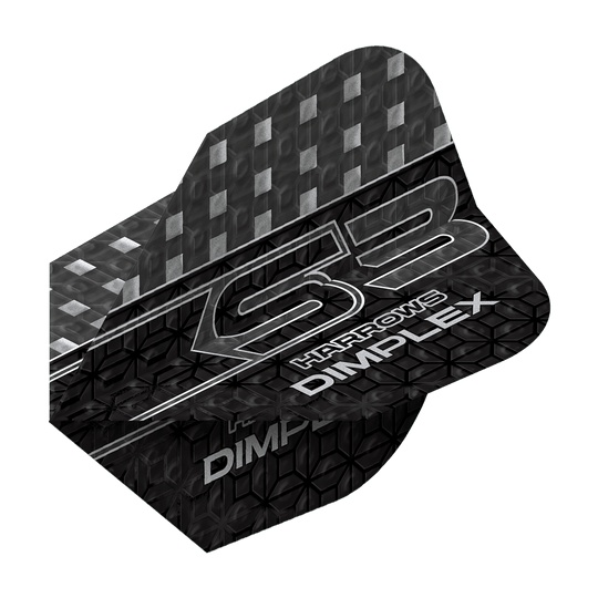 Rastrillos Dimplex S3 Vuelos - Humo Das Bild zeigt ein Dart-Flügel mit dem Namen "Harrows Dimplex S3 Flights - Smokey". Das Design ist überwiegend schwarz mit silbernen Mustern und Schriftzügen.