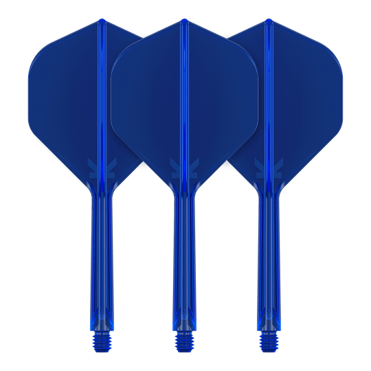 Sistema de vuelo estándar Target K-Flex No2 - Azul Auf dem Bild sind drei blaue Dart-Flights mit Schaft zu sehen. Sie stehen nebeneinander und haben eine standardisierte Form.