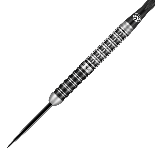 Tiro de dardos de acero Niels Zonneveld V2 Das Bild zeigt einen Shot Niels Zonneveld V2 Steeldart. Der Dart hat ein silber-schwarzes, geriffeltes Design für besseren Halt.