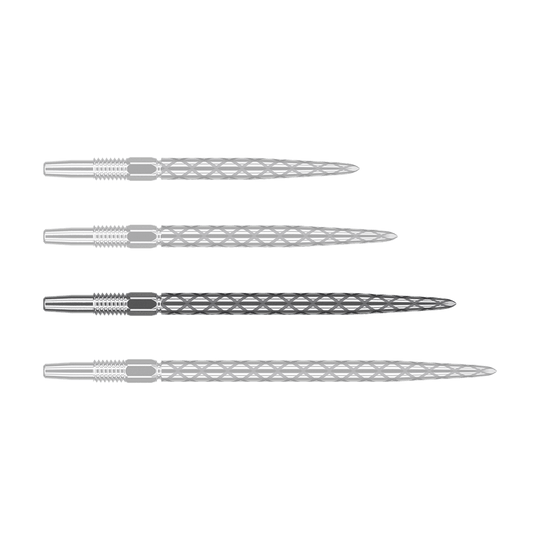 Puntas de dardo Target Swiss Diamond Pro Silver Points Das Bild zeigt vier silberne Dartspitzen, die nebeneinander liegen. Jede Spitze hat eine rautenförmige Struktur und ist aus Metall gefertigt.