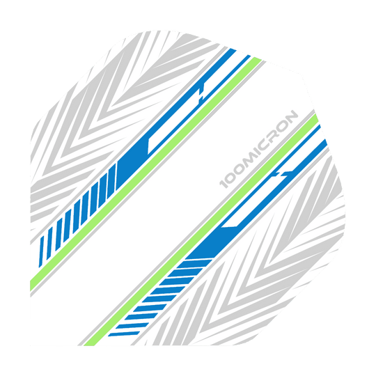 Vuelos de pentatlón blanco/azul/verde Das Bild zeigt ein Dartflight in Weiß mit blauen und grünen Streifen sowie grauen Mustern. Auf dem Flight steht der Text "100MICRON".