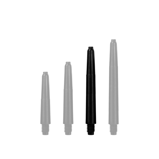Das Bild zeigt vier schwarze Nylon Shafts in unterschiedlichen Längen. Sie sind nebeneinander angeordnet und haben ein Schraubgewinde am unteren Ende.