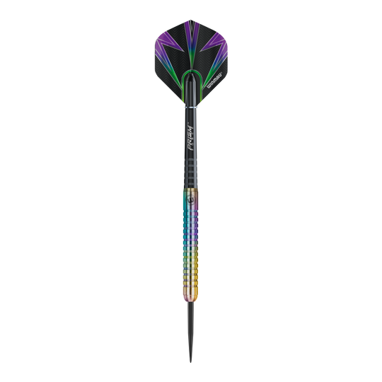 Dardos de acero Winmau Foxfire Urban Das Bild zeigt einen Winmau Foxfire Urban Steeldart mit buntem Schaft und moderner Optik. Die Flight ist schwarz mit lila und grünen Akzenten gestaltet.