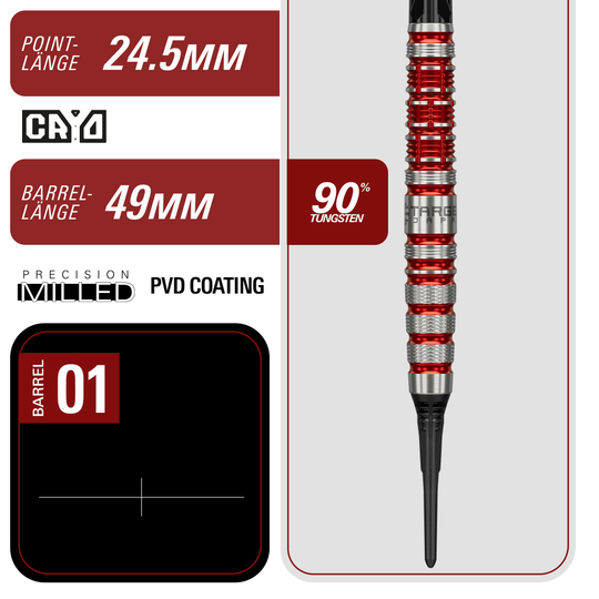 Dardos blandos Target Black Marque Spinel - 21,5 g Zu sehen sind die Target Black Marque Spinel Softdarts mit 21,5g Gewicht. Perfekt geeignet für anspruchsvolle Dartspieler.