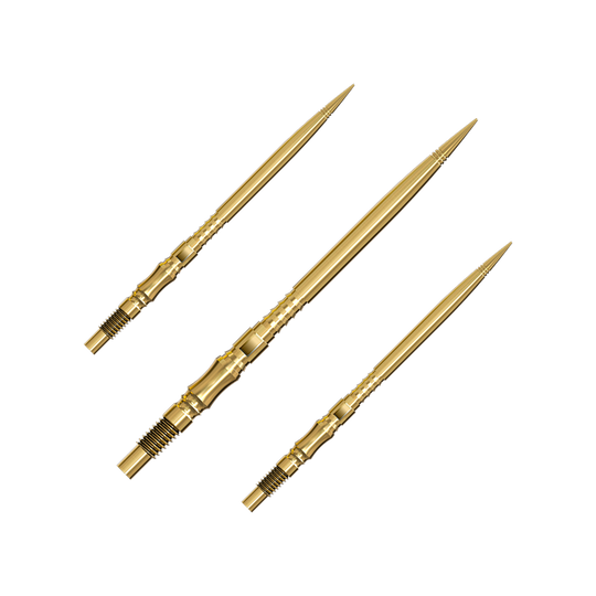 Ein Set von mehreren goldfarbenen Dartspitzen liegt nebeneinander. Die Spitzen sind gut sortiert und übersichtlich angeordnet.