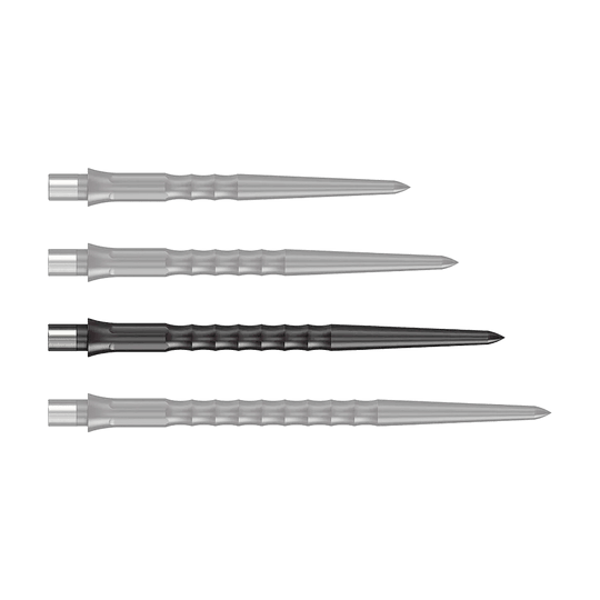Puntas Steeldart del sistema Caliburn - Ondulada - Sin labio - Negras Zu sehen ist eine schwarze Steeldartspitze mit Ripple NoLip Design, 36 mm Länge. Das Produkt ist Teil des Caliburn Evo Systems.