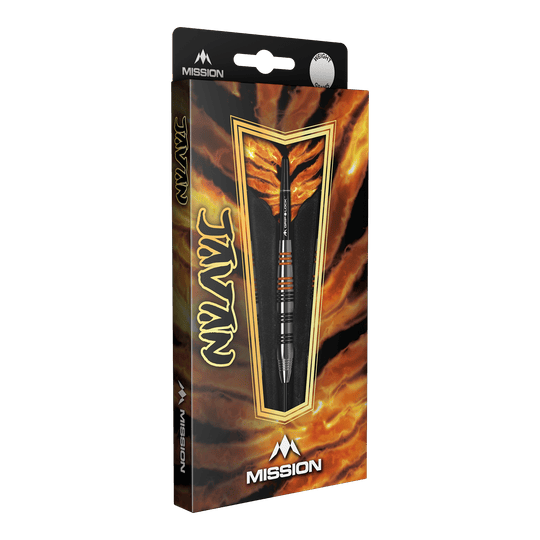 Dardos Mission Javan de latón y acero - 22 g Die Abbildung zeigt die Verpackung der Mission Javan Brass Steeldarts mit einem Gewicht von 22g. Das Design ist auffällig und besitzt feurige Farben mit dem Produkt im Vordergrund.